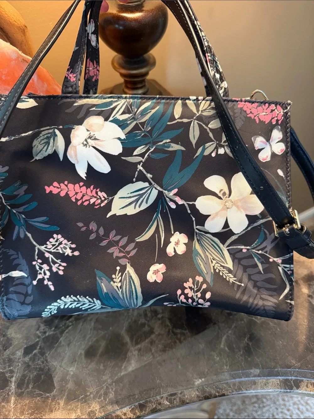 kate spade Black Floral Satchel with Pink & White Blossoms
